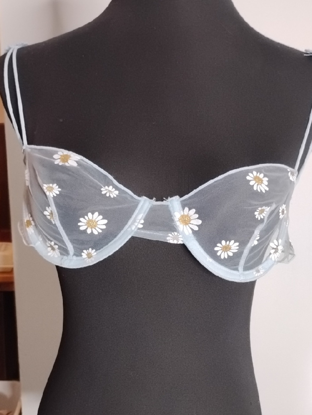 ROMWE Light Blue Sheer Daisy Embroidered Balconette Bra